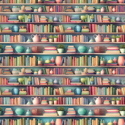 - Bookshelf Pattern 2 Quilting Cotton Fabric  
- colorful shelves  
- stacked books  
- decorative vases  
- potted plants  
- pastel tones  
- warm hues  
- home decor  
- cotton textile  
- quilting material  
- fabric yardage  
- printed design  
- vintage style  
- cozy aesthetic