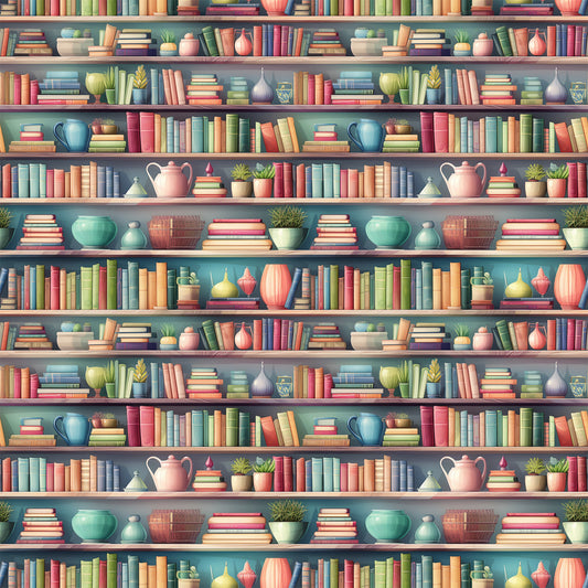 bookshelf pattern, quilting cotton, fabric panel, colorful books, pottery vases, potted plants, teapots, coffee mugs, library theme, reading motif, coral pink, sage green, turquoise blue, cream yellow, repeated pattern, cozy atmosphere, home library, ceramic objects, botanical elements, warm tones