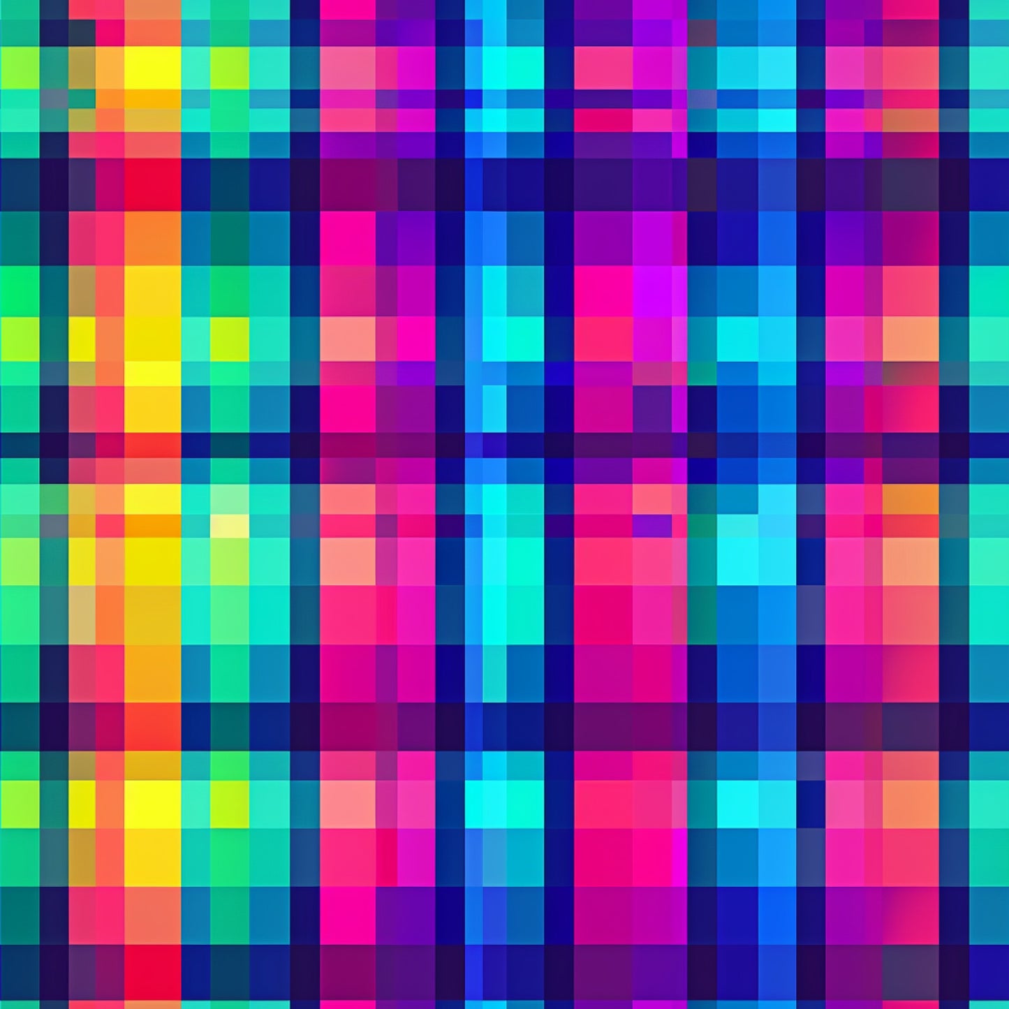 neon colors, bright pink, electric blue, lime green, yellow, orange, purple, cyan, gingham pattern, checkered design, pixelated effect, digital art style, geometric pattern, vibrant colors, quilting cotton, fabric panel, modern design, contemporary style, rainbow colors, square blocks