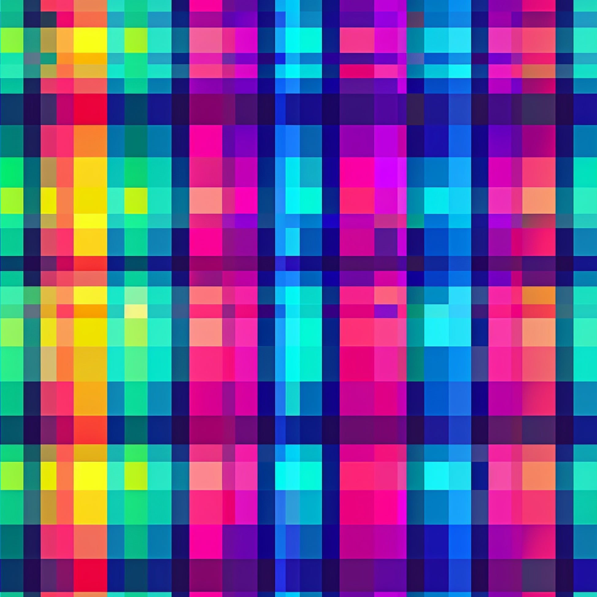 neon colors, bright pink, electric blue, lime green, yellow, orange, purple, cyan, gingham pattern, checkered design, pixelated effect, digital art style, geometric pattern, vibrant colors, quilting cotton, fabric panel, modern design, contemporary style, rainbow colors, square blocks
