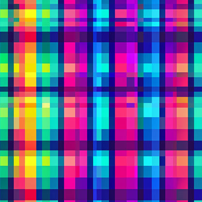 neon colors, bright pink, electric blue, lime green, yellow, orange, purple, cyan, gingham pattern, checkered design, pixelated effect, digital art style, geometric pattern, vibrant colors, quilting cotton, fabric panel, modern design, contemporary style, rainbow colors, square blocks