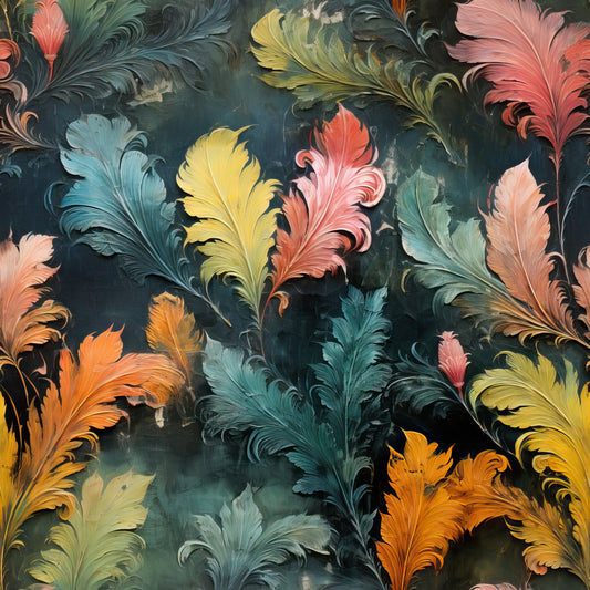 teal, coral, orange, yellow, sage green, feather motifs, plumage patterns, ornate leaves, acanthus scrollwork, baroque style, decorative flourishes, tropical foliage, autumn colors, quilting cotton, fabric panel, rich textures, flowing curves, botanical elements, layered design, warm palette