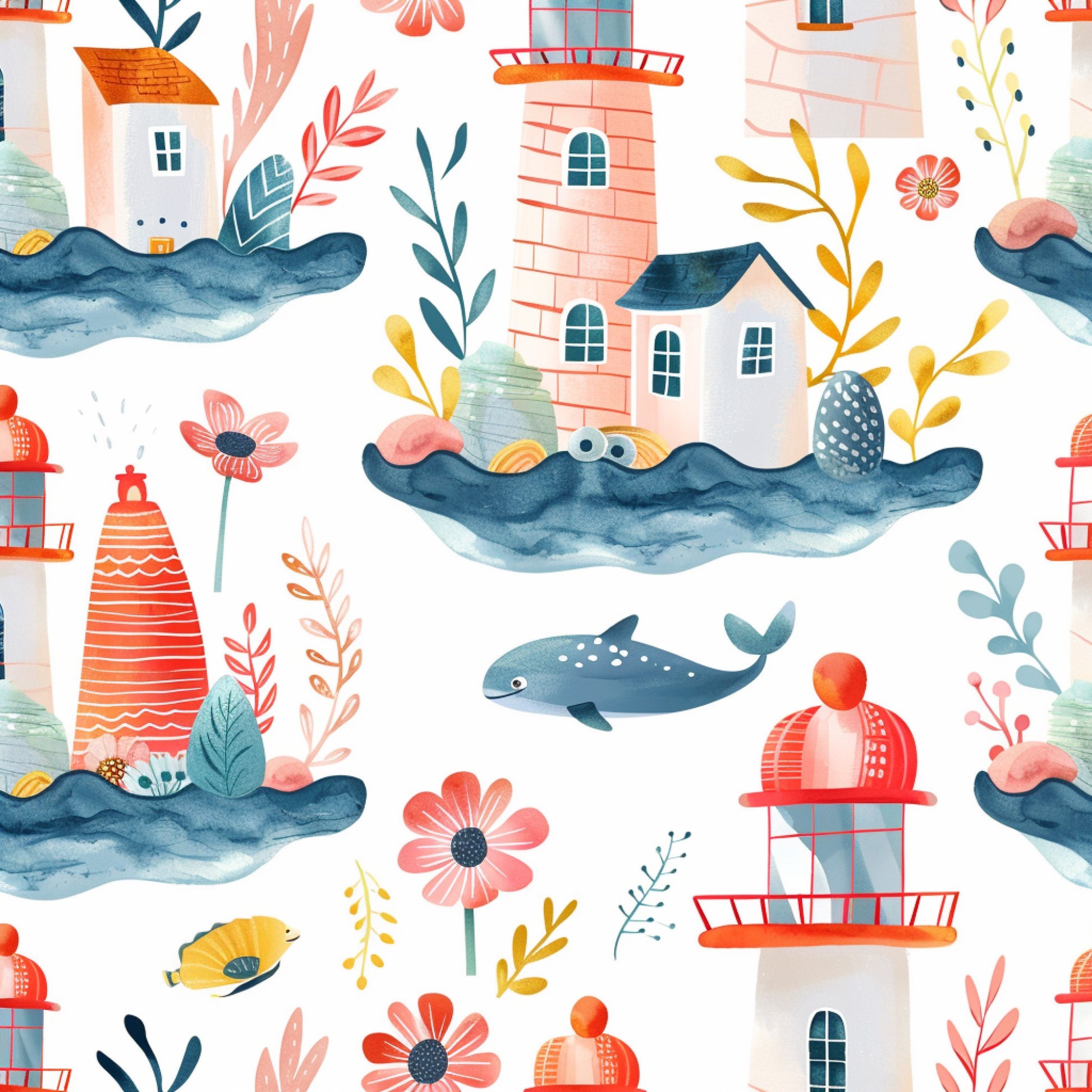 coral, navy blue, yellow, teal, watercolor style, lighthouse, whale, coastal houses, florals, botanical elements, spring theme, maritime scene, quilting cotton, fabric panel, whimsical illustration, seaside village, ocean waves, cheerful mood, repeating pattern, nautical motifs
