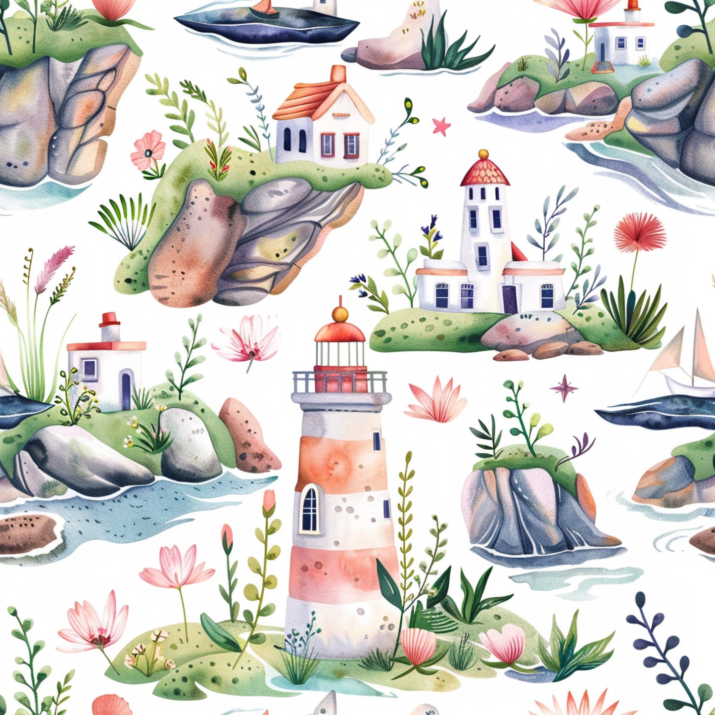 watercolor style, lighthouse, coastal scene, coral pink, sage green, navy blue, cream white, rocky cliffs, small houses, sailing boats, botanical elements, floral motifs, seaside village, whimsical illustration, quilting cotton, fabric panel, springtime theme, nautical design, soft pastels, scattered pattern
