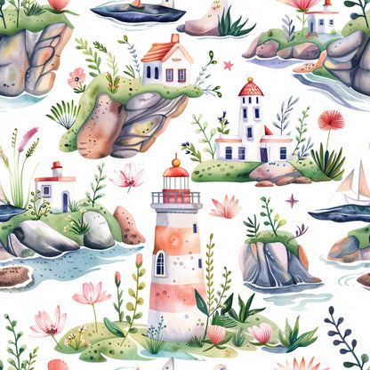 watercolor style, lighthouse, coastal scene, coral pink, sage green, navy blue, cream white, rocky cliffs, small houses, sailing boats, botanical elements, floral motifs, seaside village, whimsical illustration, quilting cotton, fabric panel, springtime theme, nautical design, soft pastels, scattered pattern