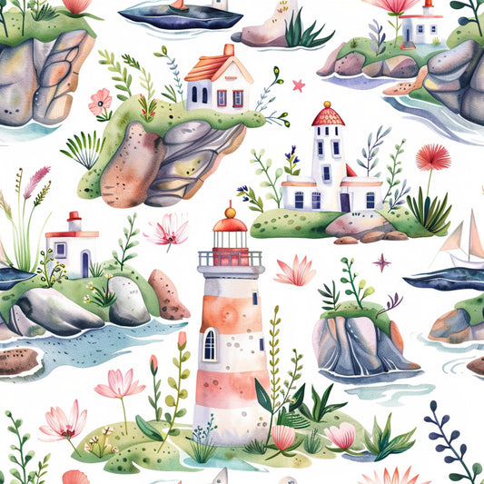 watercolor style, lighthouse, coastal scene, coral pink, sage green, navy blue, cream white, rocky cliffs, small houses, sailing boats, botanical elements, floral motifs, seaside village, whimsical illustration, quilting cotton, fabric panel, springtime theme, nautical design, soft pastels, scattered pattern