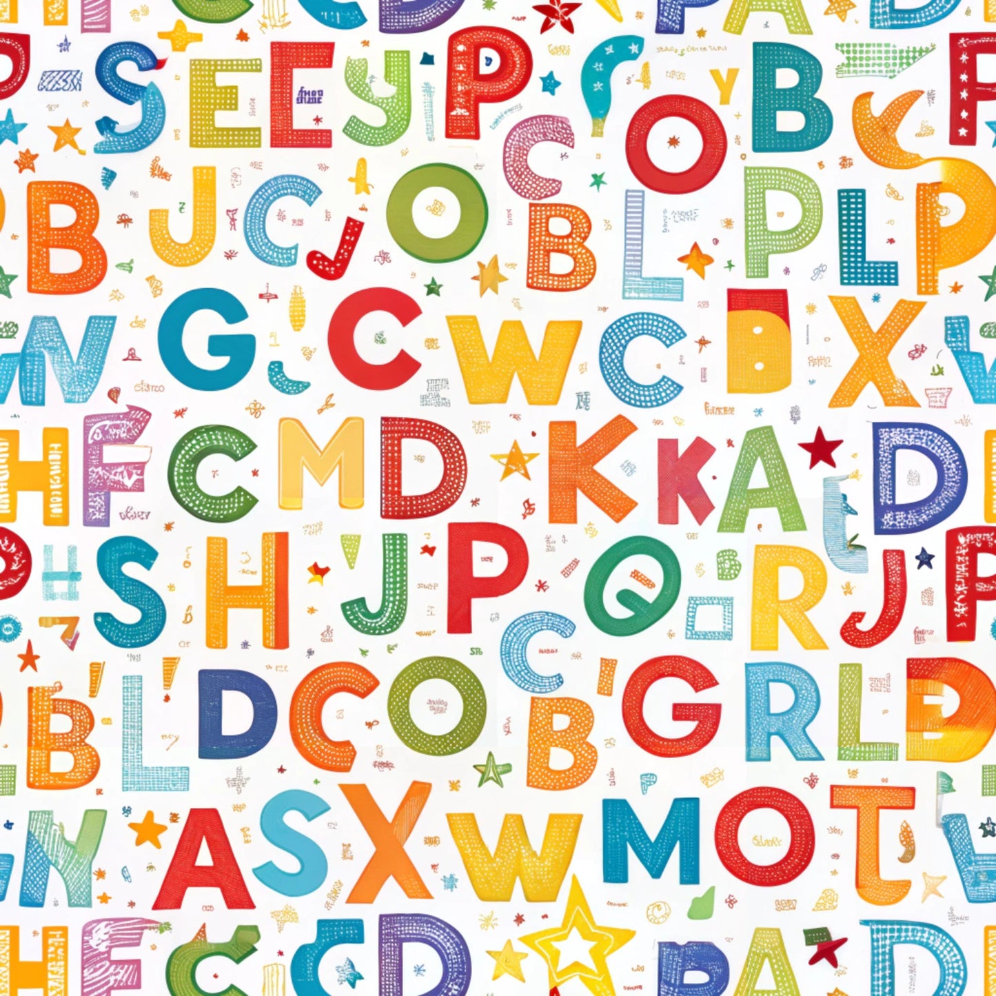 alphabet letters, colorful letters, rainbow colors, red, blue, green, yellow, orange, purple, educational theme, back to school, learning motif, bright colors, scattered letters, random placement, children's fabric, quilting cotton, fabric panel, playful design, primary colors, multicolored text, school theme, geometric stars, dotted patterns