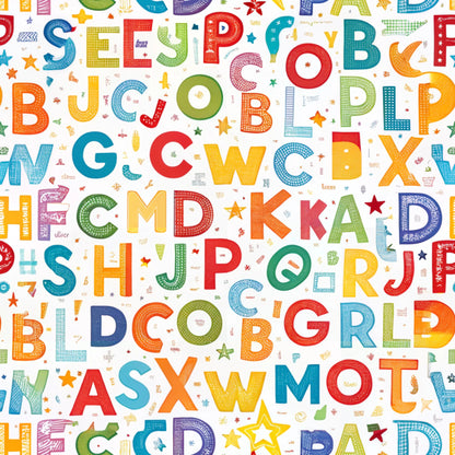 alphabet letters, colorful letters, rainbow colors, red, blue, green, yellow, orange, purple, educational theme, back to school, learning motif, bright colors, scattered letters, random placement, children's fabric, quilting cotton, fabric panel, playful design, primary colors, multicolored text, school theme, geometric stars, dotted patterns