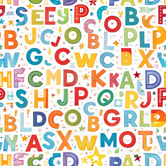 alphabet letters, colorful letters, rainbow colors, red, blue, green, yellow, orange, purple, educational theme, back to school, learning motif, bright colors, scattered letters, random placement, children's fabric, quilting cotton, fabric panel, playful design, primary colors, multicolored text, school theme, geometric stars, dotted patterns