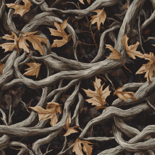 realistic camo, hunting pattern, twisted branches, autumn leaves, oak leaves, brown tones, tan colors, weathered wood, camouflage design, outdoor theme, nature motif, quilting cotton, fabric panel, earth tones, woodland pattern, hunting camouflage, natural textures, fall foliage, organic shapes, rustic style