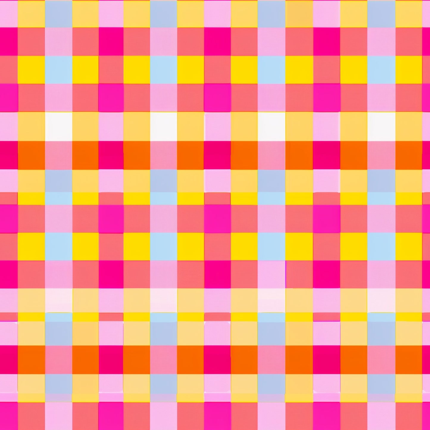 neon pink, bright yellow, light blue, orange, coral, gingham pattern, checkered design, geometric squares, vibrant colors, electric hues, quilting cotton, fabric panel, plaid weave, grid pattern, retro style, summer bright, fluorescent tones, checkerboard layout, modern gingham, crafting material