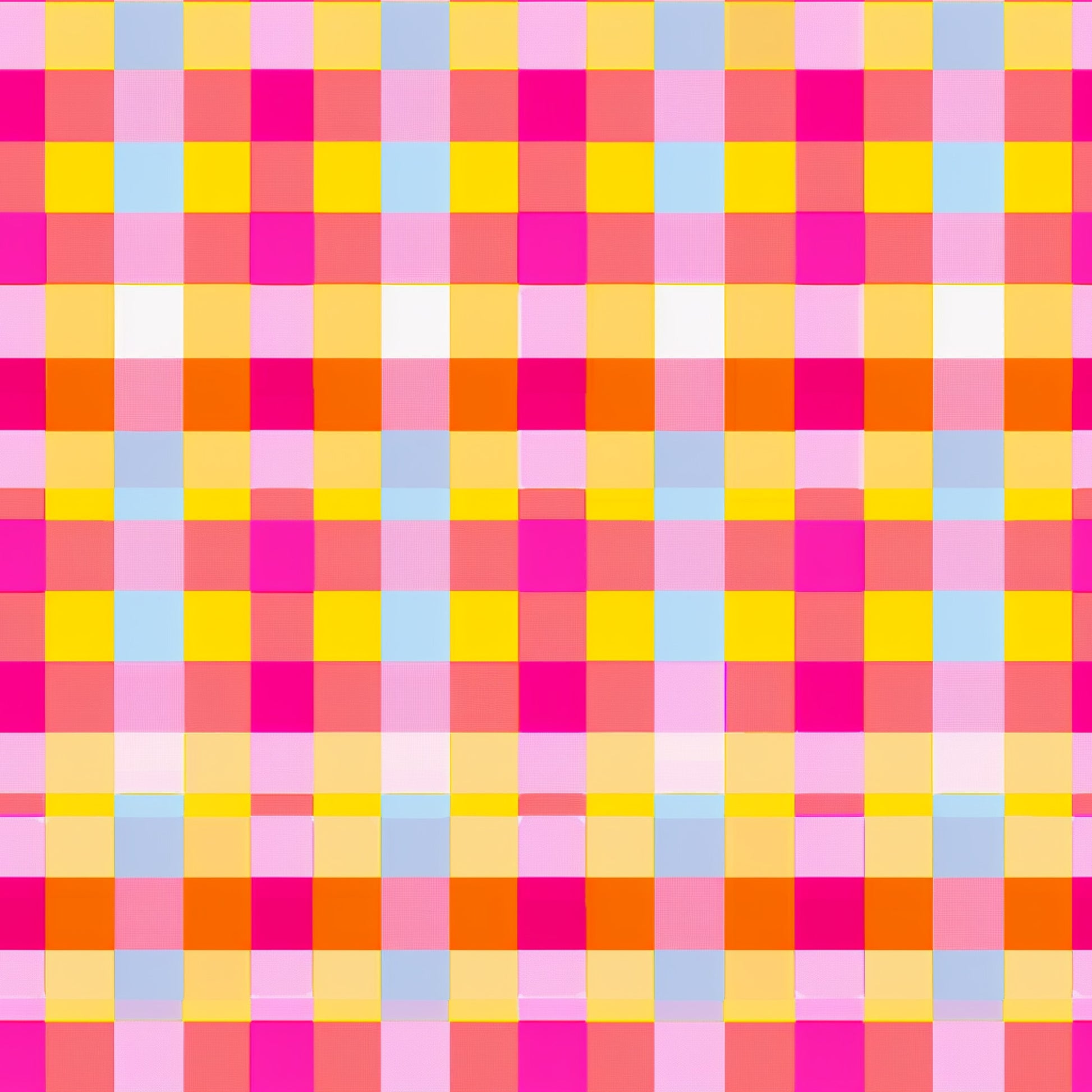 neon pink, bright yellow, light blue, orange, coral, gingham pattern, checkered design, geometric squares, vibrant colors, electric hues, quilting cotton, fabric panel, plaid weave, grid pattern, retro style, summer bright, fluorescent tones, checkerboard layout, modern gingham, crafting material