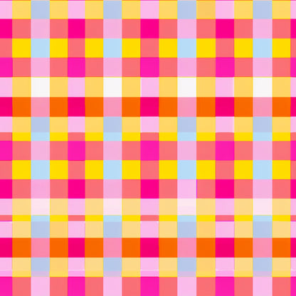 neon pink, bright yellow, light blue, orange, coral, gingham pattern, checkered design, geometric squares, vibrant colors, electric hues, quilting cotton, fabric panel, plaid weave, grid pattern, retro style, summer bright, fluorescent tones, checkerboard layout, modern gingham, crafting material