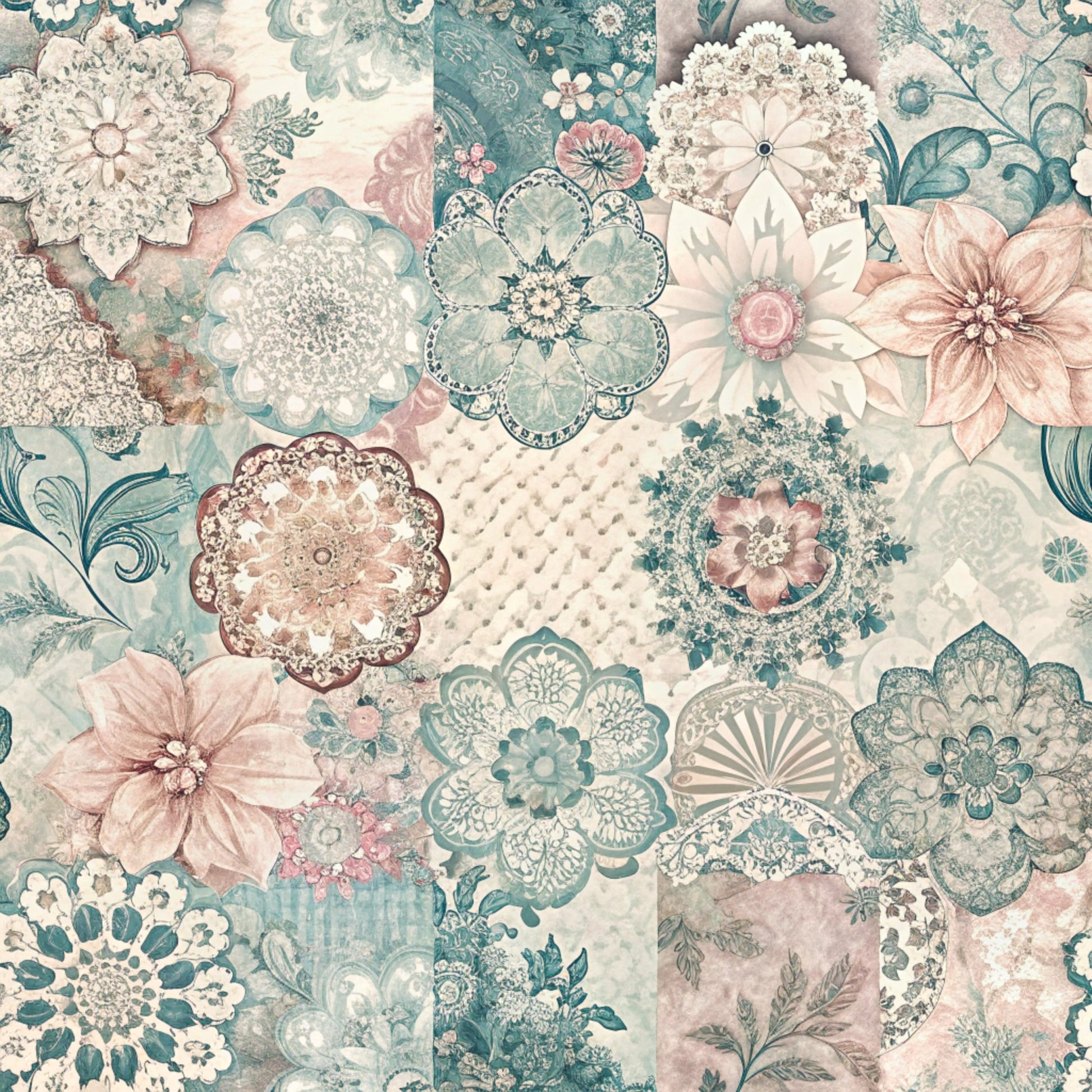sage green, dusty pink, cream, ivory, teal, floral motifs, mandala patterns, decorative flowers, patchwork squares, vintage blooms, ornate designs, intricate details, botanical elements, layered petals, spring florals, quilting cotton, fabric panel, soft pastels, romantic style, feminine aesthetic