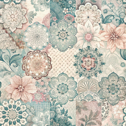 sage green, dusty pink, cream, ivory, teal, floral motifs, mandala patterns, decorative flowers, patchwork squares, vintage blooms, ornate designs, intricate details, botanical elements, layered petals, spring florals, quilting cotton, fabric panel, soft pastels, romantic style, feminine aesthetic