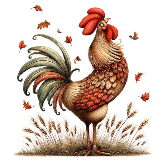 Whimsical Autumn Rooster Fabric Panel 1