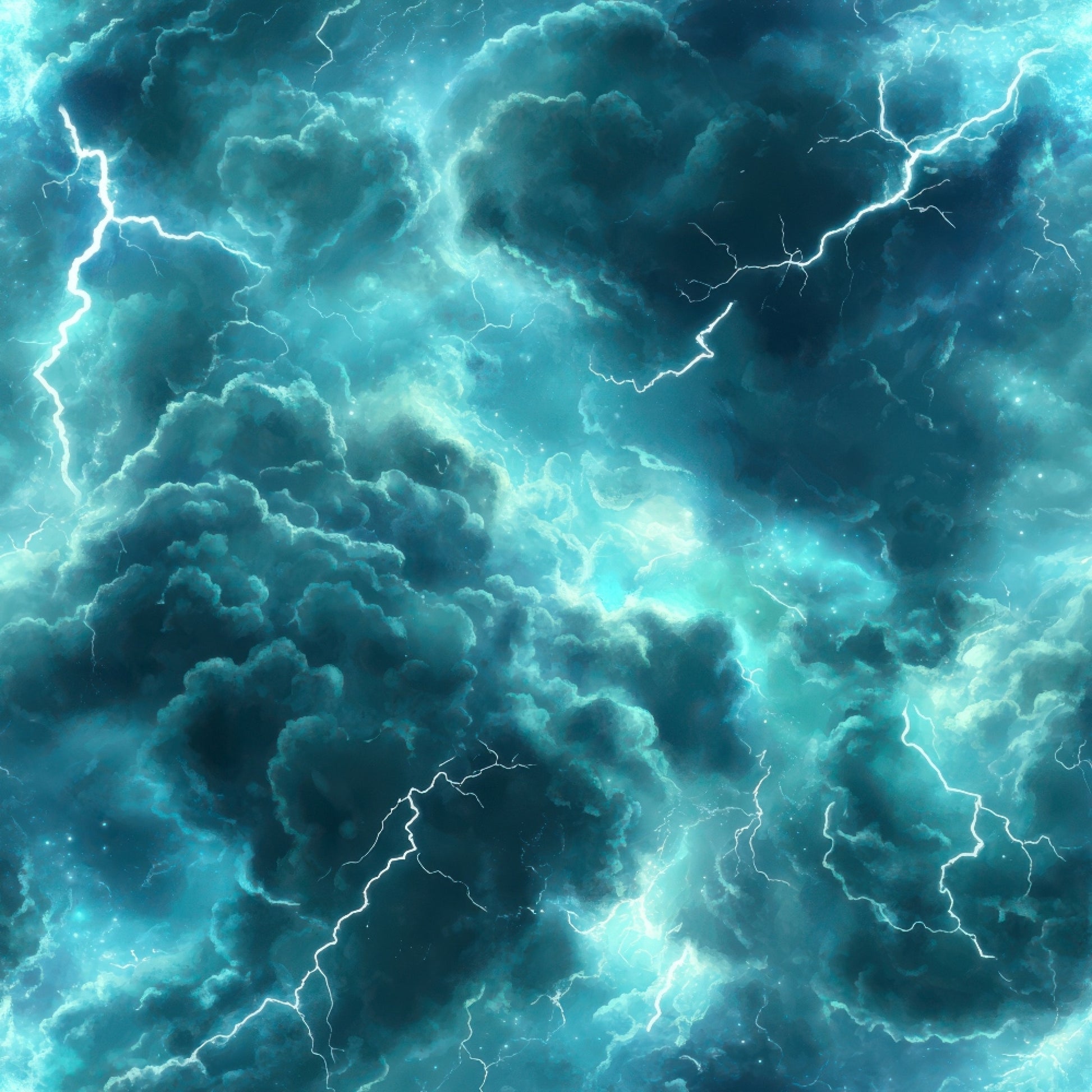 turquoise, teal, aqua, electric blue, white, storm clouds, lightning bolts, thunderstorm, dramatic sky, atmospheric, moody, quilting cotton, fabric panel, weather pattern, electric energy, storm system, cloudy texture, nature scene, tempest, meteorological