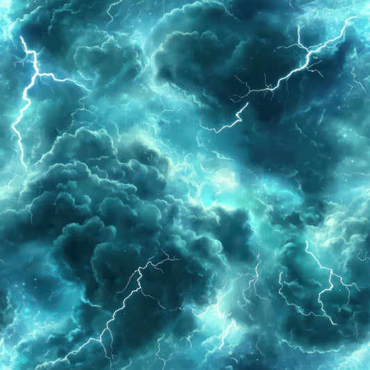 turquoise, teal, aqua, electric blue, white, storm clouds, lightning bolts, thunderstorm, dramatic sky, atmospheric, moody, quilting cotton, fabric panel, weather pattern, electric energy, storm system, cloudy texture, nature scene, tempest, meteorological