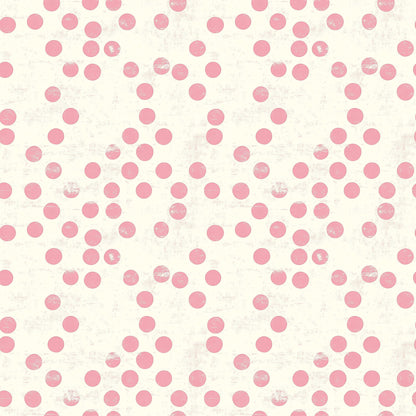 pink, cream, polka dots, vintage style, distressed texture, scattered dots, repeating pattern, quilting cotton, fabric panel, soft pink, ivory background, circular motifs, weathered finish, feminine design, retro aesthetic, cotton fabric, crafting material, sewing fabric, shabby chic, pastel colors