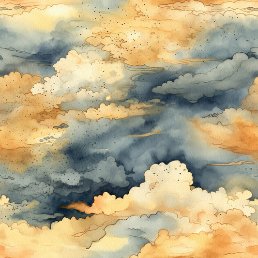 sunset colors, orange hues, blue gray clouds, watercolor style, sky scene, cloudy atmosphere, warm tones, cool blues, dreamy clouds, atmospheric design, quilting cotton, fabric panel, nature inspired, evening sky, soft blending, artistic clouds, serene mood, landscape pattern, cotton fabric, sunset theme