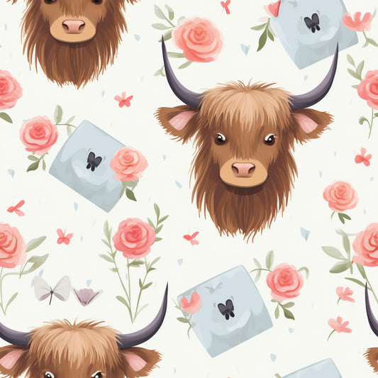 Handdrawn Highland Cows Pattern 1 Quilting Cotton Fabric