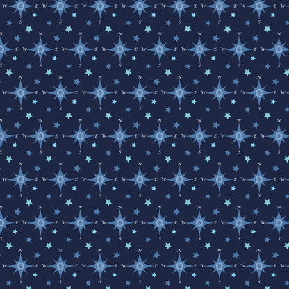 navy blue, compass rose, nautical stars, maritime theme, sailing motifs, directional compass, ocean navigation, sea blue, teal accents, geometric pattern, nautical design, sailing compass, marine symbols, quilting cotton, fabric panel, seafaring motifs, compass points, nautical navigation, ocean theme, maritime pattern