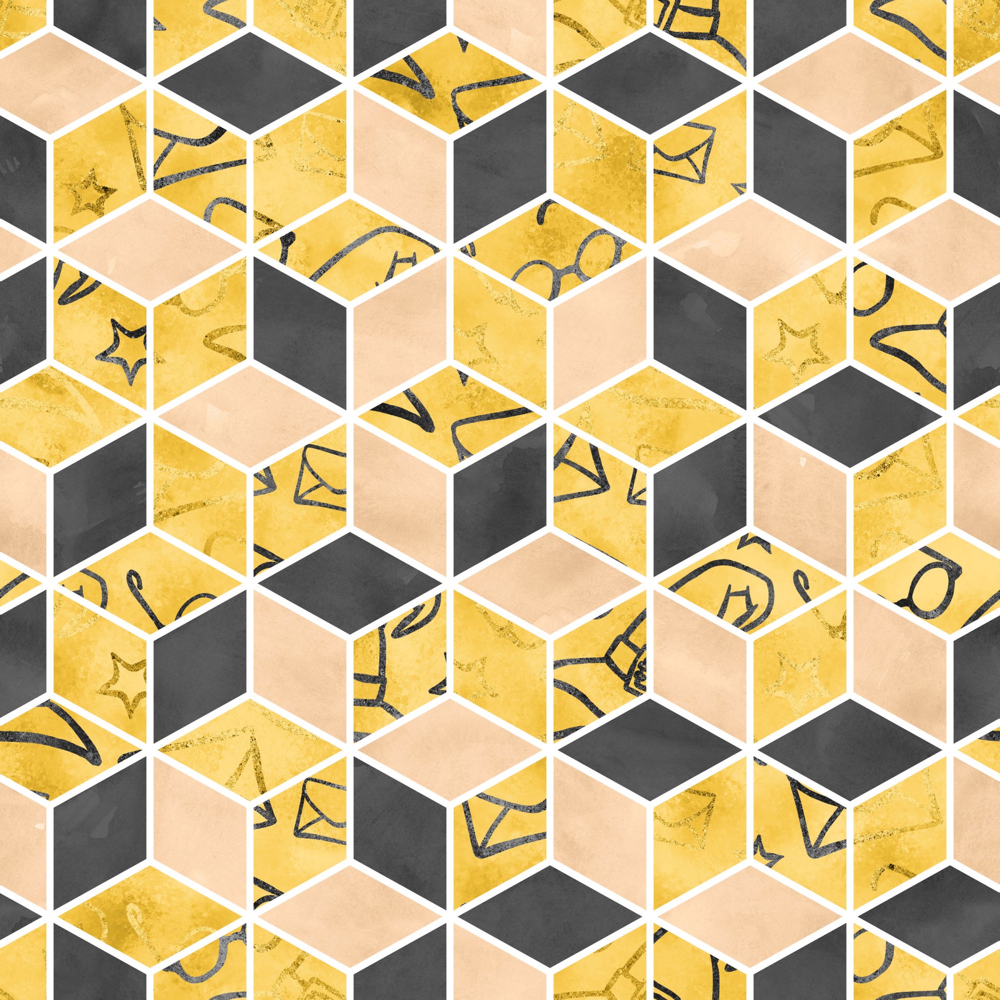 geometric hexagons, yellow mustard, charcoal gray, peach blush, quilting cotton, fabric panel, magical symbols, stars, geometric shapes, abstract patterns, honeycomb design, wizard theme, school motifs, textured appearance, contemporary style, crafting material, sewing fabric, patchwork design, mystical elements, modern geometric