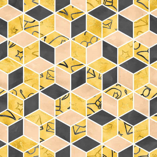 geometric hexagons, yellow mustard, charcoal gray, peach blush, quilting cotton, fabric panel, magical symbols, stars, geometric shapes, abstract patterns, honeycomb design, wizard theme, school motifs, textured appearance, contemporary style, crafting material, sewing fabric, patchwork design, mystical elements, modern geometric