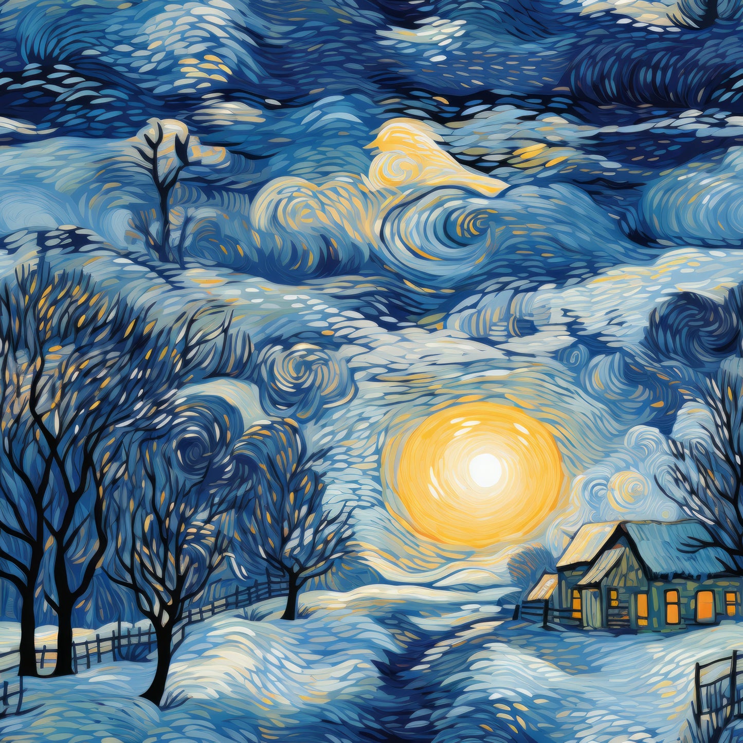 winter scene, swirling sky, van gogh style, post-impressionist, quilting cotton, fabric panel, deep blue, golden yellow, orange accents, bare trees, cozy cottage, glowing windows, snow covered, celestial moon, dynamic brushstrokes, whimsical art, dawn light, rural landscape, artistic interpretation