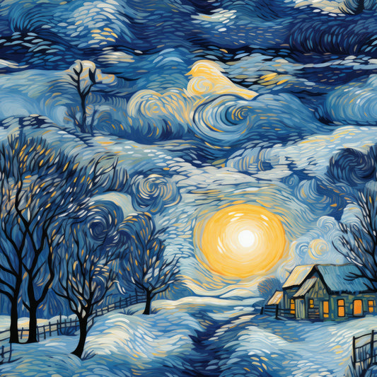 winter scene, swirling sky, van gogh style, post-impressionist, quilting cotton, fabric panel, deep blue, golden yellow, orange accents, bare trees, cozy cottage, glowing windows, snow covered, celestial moon, dynamic brushstrokes, whimsical art, dawn light, rural landscape, artistic interpretation