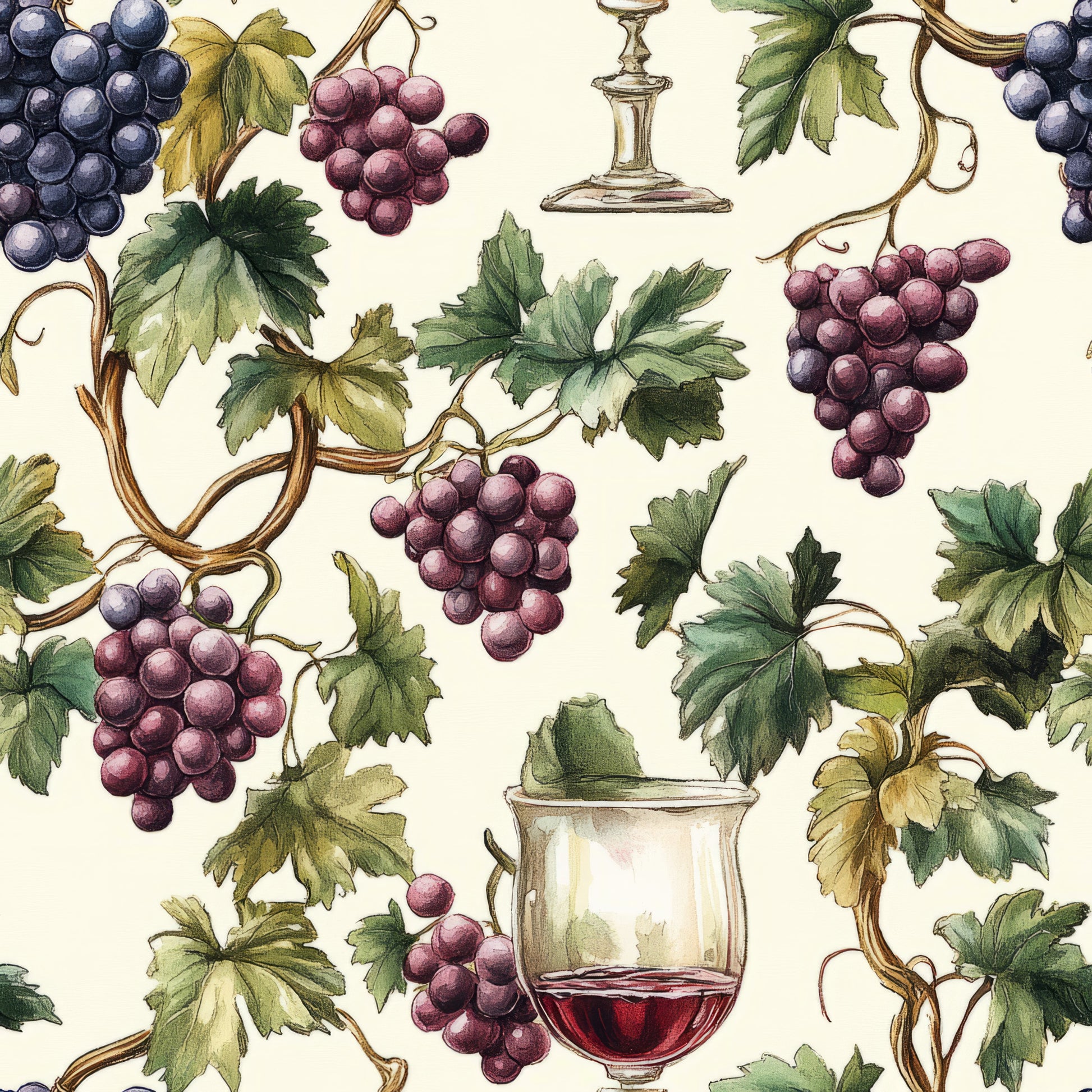 burgundy, purple grapes, green leaves, wine glasses, grapevines, botanical illustration, vineyard theme, cream background, watercolor style, wine motifs, fruit clusters, vintage style, quilting cotton, fabric panel, dusty rose, sage green, wine country, decorative pattern, natural elements, artistic rendering