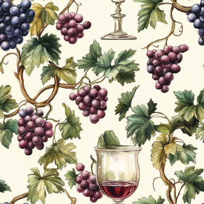 burgundy, purple grapes, green leaves, wine glasses, grapevines, botanical illustration, vineyard theme, cream background, watercolor style, wine motifs, fruit clusters, vintage style, quilting cotton, fabric panel, dusty rose, sage green, wine country, decorative pattern, natural elements, artistic rendering