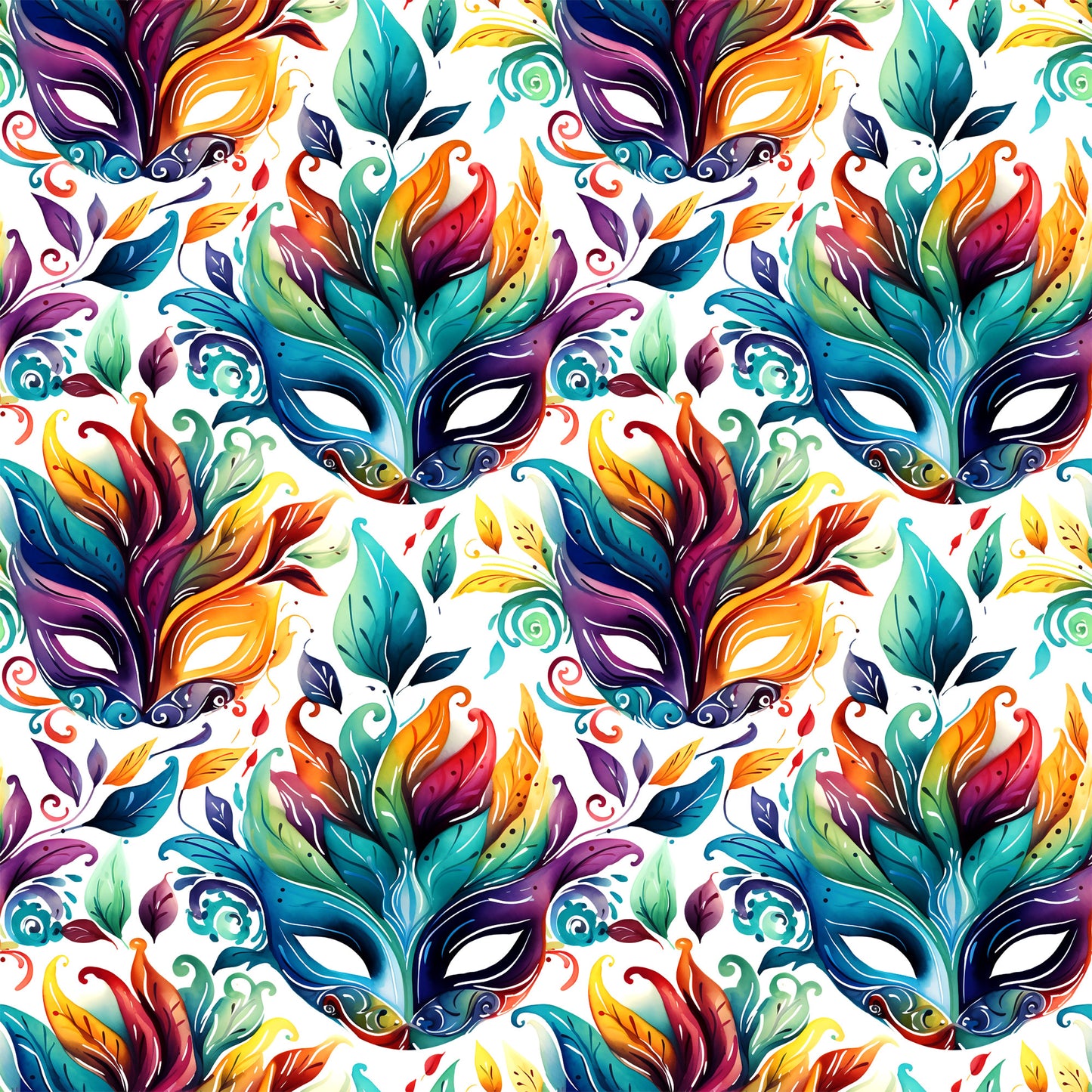 carnival masks, feathers, vibrant colors, purple, teal, orange, yellow, green, red, mardi gras, festive pattern, decorative swirls, ornate design, quilting cotton, fabric panel, masquerade theme, colorful plumage, party motif, celebration design, repeating pattern