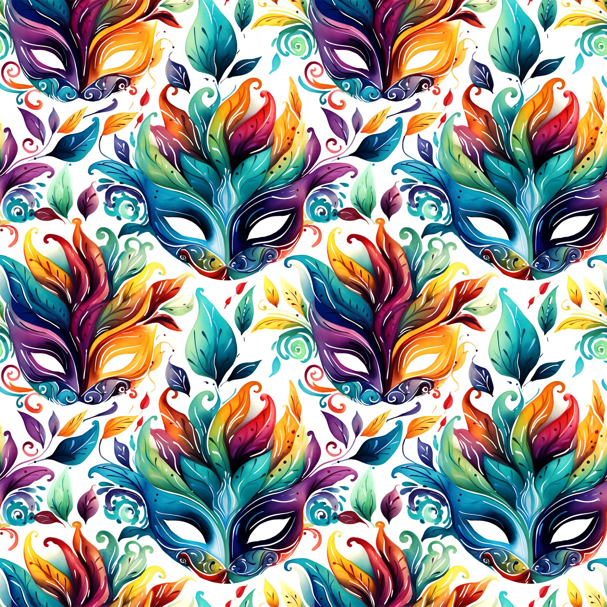 carnival masks, feathers, vibrant colors, purple, teal, orange, yellow, green, red, mardi gras, festive pattern, decorative swirls, ornate design, quilting cotton, fabric panel, masquerade theme, colorful plumage, party motif, celebration design, repeating pattern