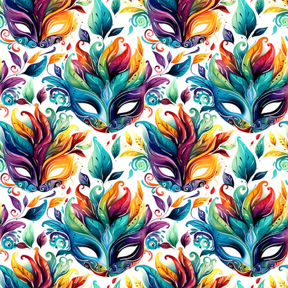 carnival masks, feathers, vibrant colors, purple, teal, orange, yellow, green, red, mardi gras, festive pattern, decorative swirls, ornate design, quilting cotton, fabric panel, masquerade theme, colorful plumage, party motif, celebration design, repeating pattern