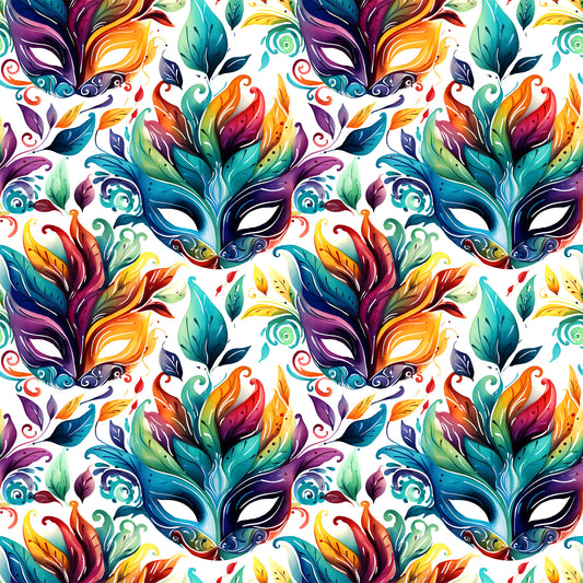 carnival masks, feathers, vibrant colors, purple, teal, orange, yellow, green, red, mardi gras, festive pattern, decorative swirls, ornate design, quilting cotton, fabric panel, masquerade theme, colorful plumage, party motif, celebration design, repeating pattern