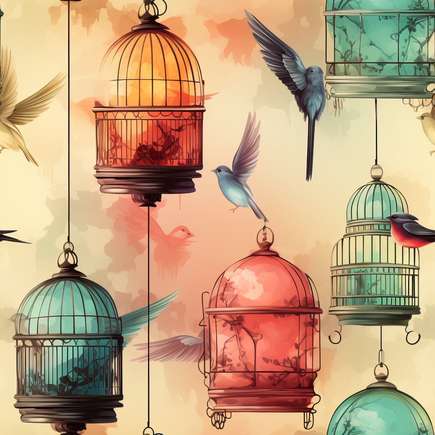 vintage birdcages, flying birds, hummingbirds, coral pink, turquoise blue, sage green, cream background, ornate cages, decorative birds, whimsical pattern, quilting cotton, fabric panel, hanging cages, bird silhouettes, pastel colors, artistic illustration, nature motif, decorative elements, vintage style, cottage core
