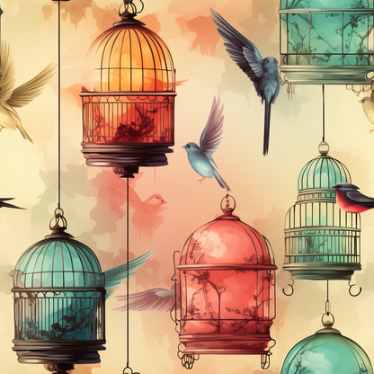 vintage birdcages, flying birds, hummingbirds, coral pink, turquoise blue, sage green, cream background, ornate cages, decorative birds, whimsical pattern, quilting cotton, fabric panel, hanging cages, bird silhouettes, pastel colors, artistic illustration, nature motif, decorative elements, vintage style, cottage core