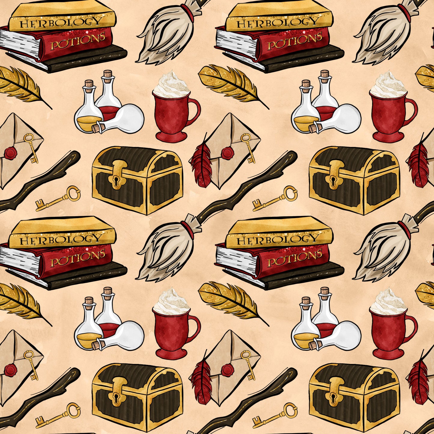 beige background, wizard theme, magic school, herbology books, potions bottles, treasure chest, broomstick, quill feathers, red mug, golden keys, wax seal letter, quilting cotton, fabric panel, whimsical illustrations, fantasy elements, amber tones, crimson red, vintage style, repeating pattern, magical objects
