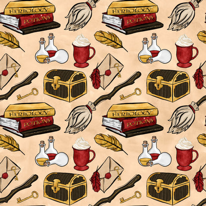 beige background, wizard theme, magic school, herbology books, potions bottles, treasure chest, broomstick, quill feathers, red mug, golden keys, wax seal letter, quilting cotton, fabric panel, whimsical illustrations, fantasy elements, amber tones, crimson red, vintage style, repeating pattern, magical objects
