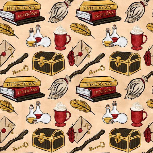 beige background, wizard theme, magic school, herbology books, potions bottles, treasure chest, broomstick, quill feathers, red mug, golden keys, wax seal letter, quilting cotton, fabric panel, whimsical illustrations, fantasy elements, amber tones, crimson red, vintage style, repeating pattern, magical objects