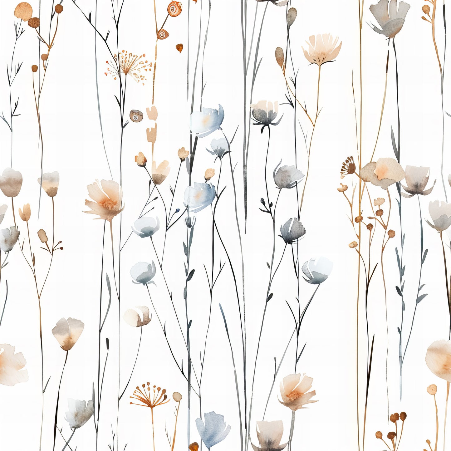 handdrawn wildflowers, meadow pattern, watercolor style, botanical illustration, peach flowers, blue blooms, gray stems, neutral tones, delicate florals, nature motif, quilting cotton, fabric panel, whimsical design, soft pastels, organic shapes, field flowers, artistic brushstrokes, modern floral, crafting material, spring garden
