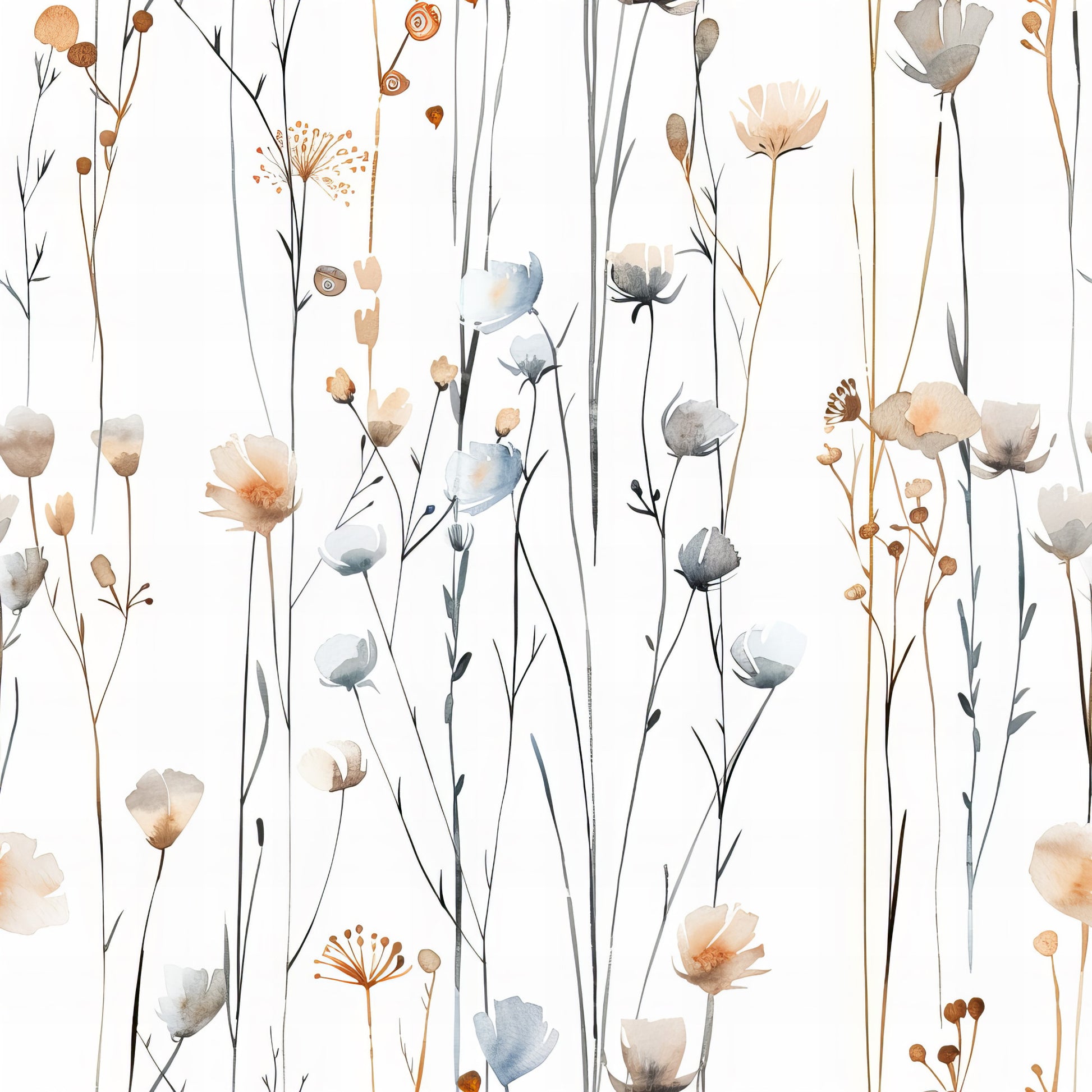 handdrawn wildflowers, meadow pattern, watercolor style, botanical illustration, peach flowers, blue blooms, gray stems, neutral tones, delicate florals, nature motif, quilting cotton, fabric panel, whimsical design, soft pastels, organic shapes, field flowers, artistic brushstrokes, modern floral, crafting material, spring garden
