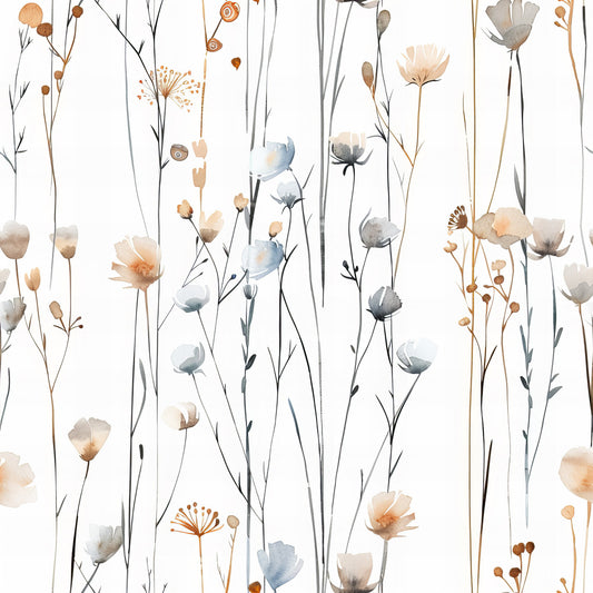 handdrawn wildflowers, meadow pattern, watercolor style, botanical illustration, peach flowers, blue blooms, gray stems, neutral tones, delicate florals, nature motif, quilting cotton, fabric panel, whimsical design, soft pastels, organic shapes, field flowers, artistic brushstrokes, modern floral, crafting material, spring garden