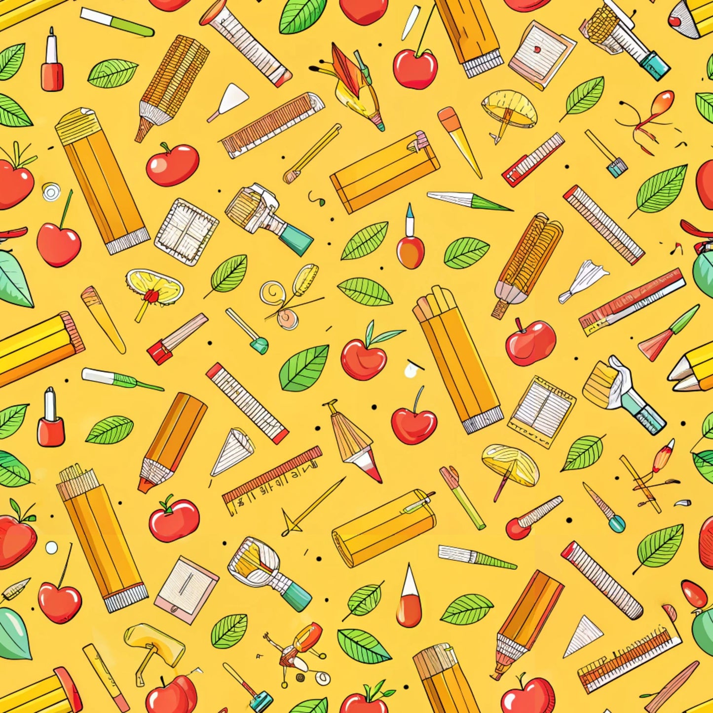 bright yellow, school supplies, pencils, apples, rulers, paintbrushes, notebooks, leaves, scattered pattern, back to school, educational theme, quilting cotton, fabric panel, cheerful design, stationery items, autumn vibes, red apples, green leaves, art supplies, repeating motifs