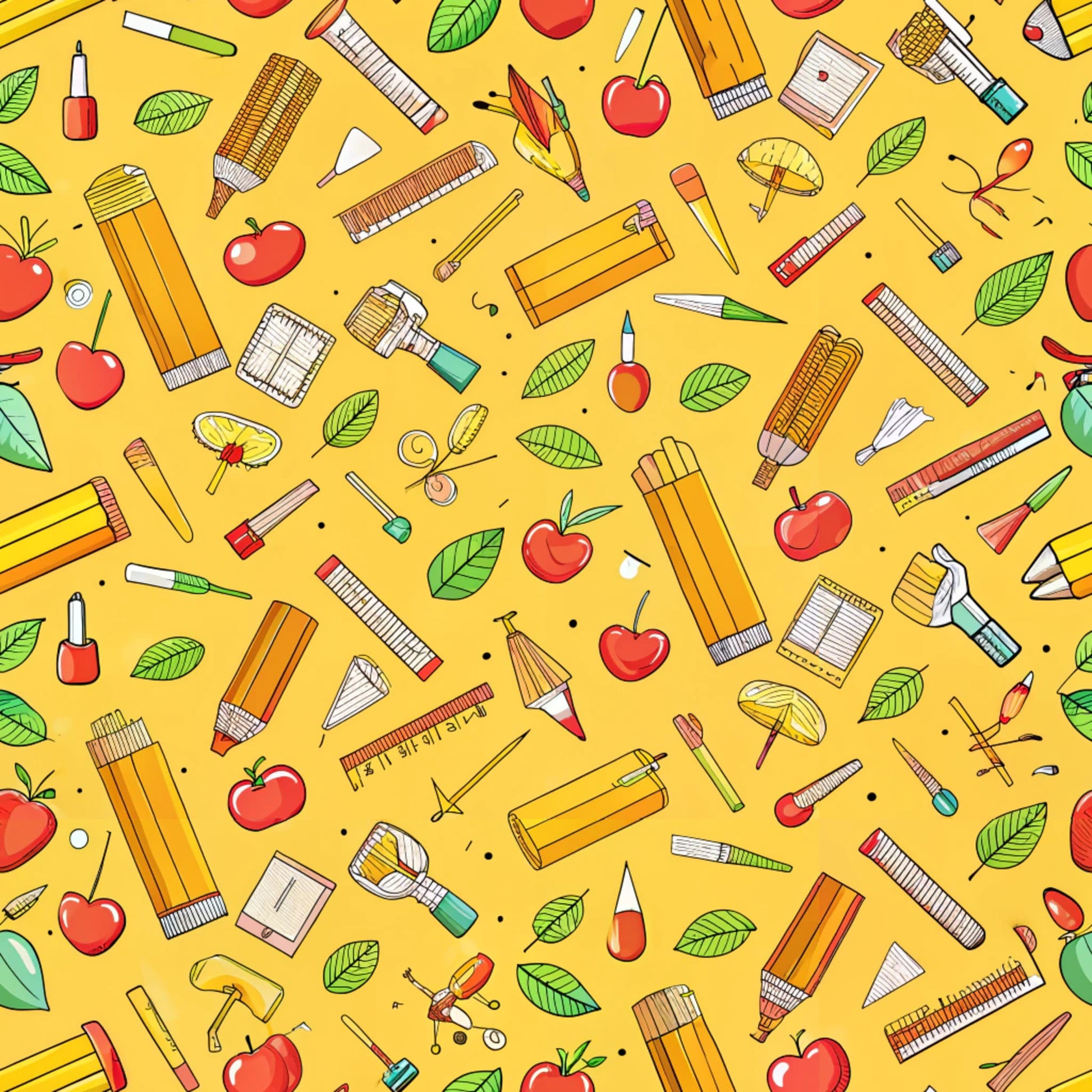bright yellow, school supplies, pencils, apples, rulers, paintbrushes, notebooks, leaves, scattered pattern, back to school, educational theme, quilting cotton, fabric panel, cheerful design, stationery items, autumn vibes, red apples, green leaves, art supplies, repeating motifs