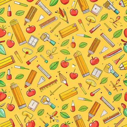 bright yellow, school supplies, pencils, apples, rulers, paintbrushes, notebooks, leaves, scattered pattern, back to school, educational theme, quilting cotton, fabric panel, cheerful design, stationery items, autumn vibes, red apples, green leaves, art supplies, repeating motifs