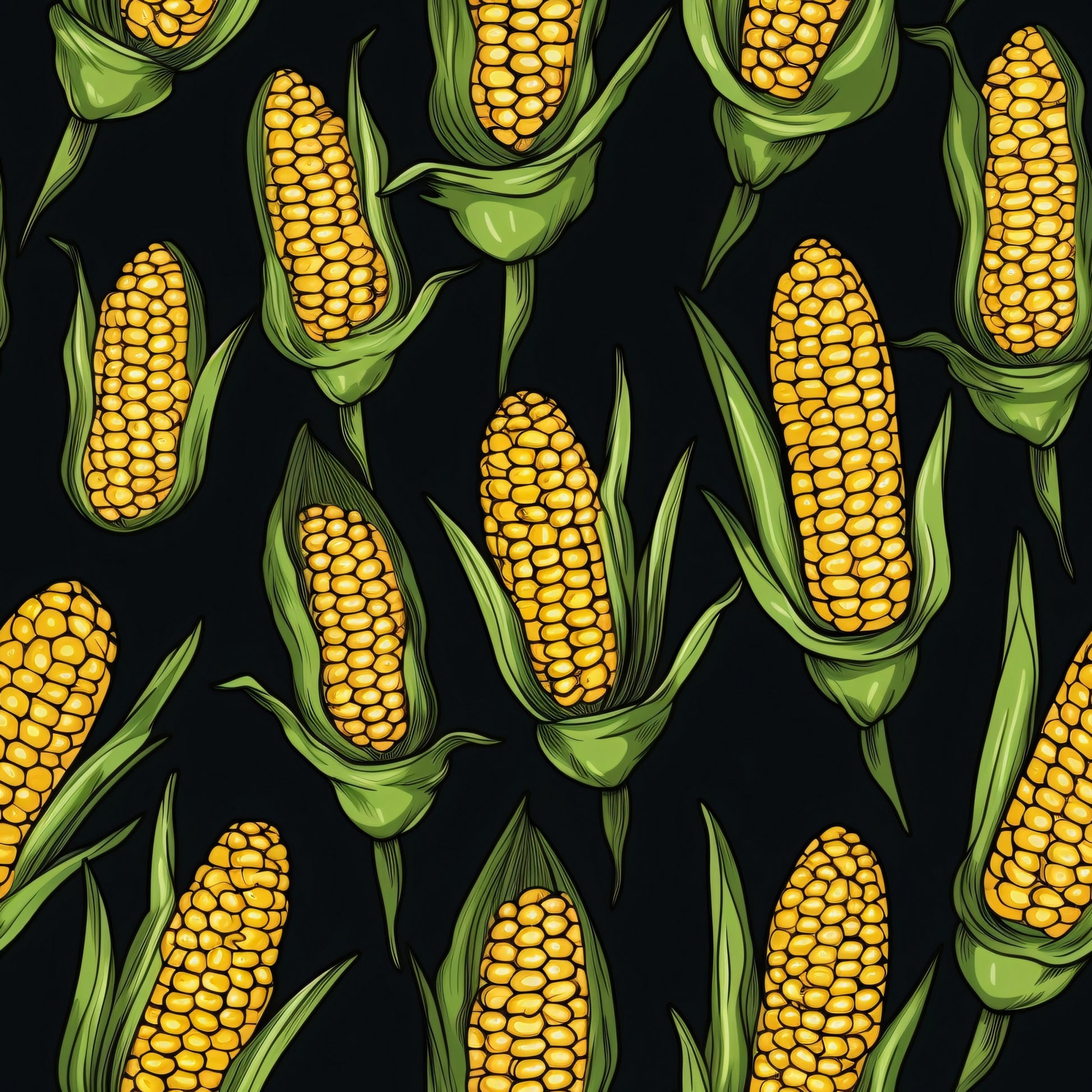 corn pattern, golden yellow, bright green, husks, kernels, vegetable design, harvest theme, farm motif, repeating pattern, quilting cotton, fabric panel, autumn colors, agricultural design, food illustration, botanical print, seasonal fabric, craft material, sewing fabric, garden vegetables, country style