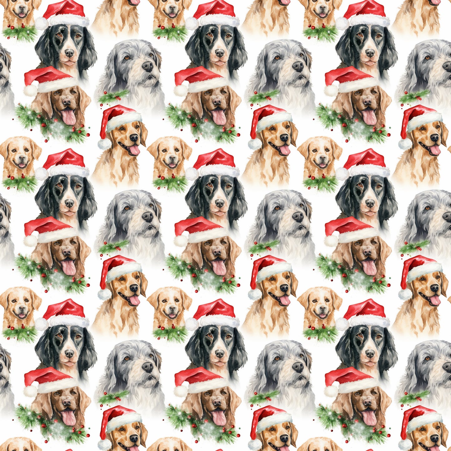 watercolor, christmas dogs, dog breeds, red santa hats, golden retrievers, black dogs, gray dogs, brown dogs, white background, holiday pattern, festive dogs, pine garland, holly berries, repeating pattern, quilting cotton, fabric panel, christmas theme, pet portraits, seasonal design, dog faces
