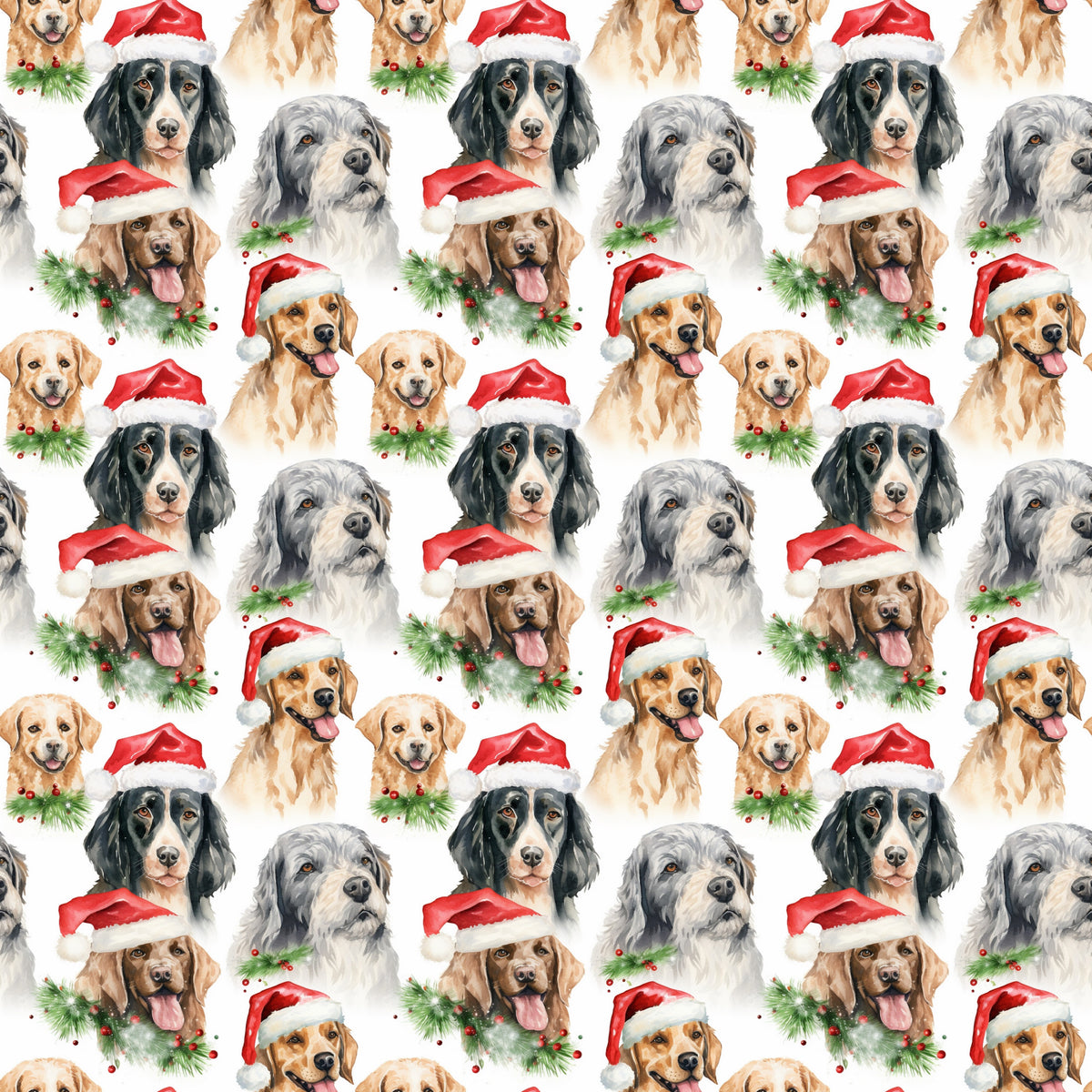 watercolor, christmas dogs, dog breeds, red santa hats, golden retrievers, black dogs, gray dogs, brown dogs, white background, holiday pattern, festive dogs, pine garland, holly berries, repeating pattern, quilting cotton, fabric panel, christmas theme, pet portraits, seasonal design, dog faces